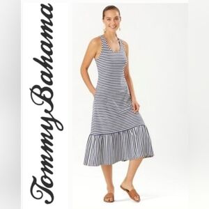 Tommy Bahama Blue Depths Striped Sleeveless Midi Dress Womens L